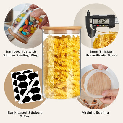CARLA HOME 6 Pack Glass Storage Jars with Bamboo Lids for Kitchen Pantry, Pasta, Snacks, Cookies, Candy & More V178-36178
