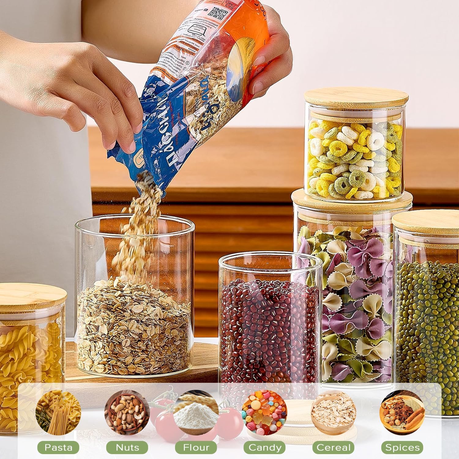 CARLA HOME 6 Pack Glass Storage Jars with Bamboo Lids for Kitchen Pantry, Pasta, Snacks, Cookies, Candy & More V178-36178