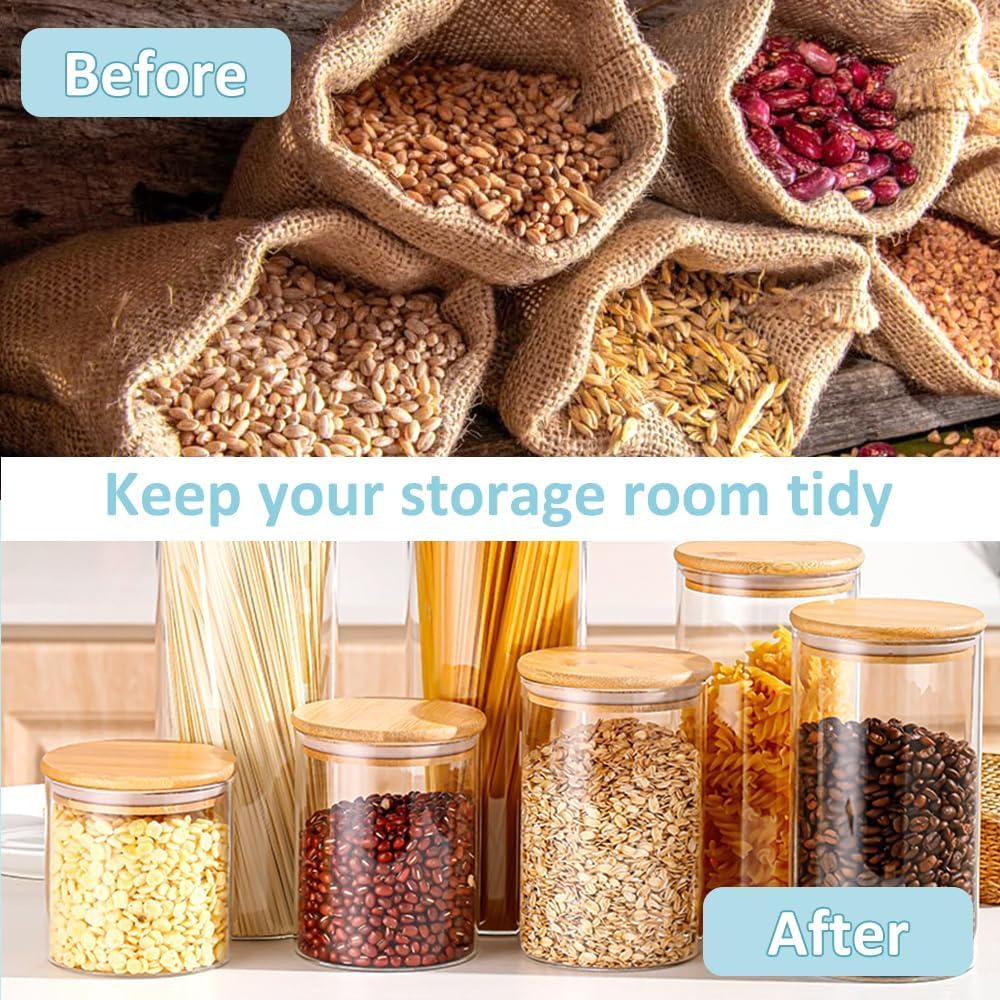 CARLA HOME 6 Pack Glass Storage Jars with Bamboo Lids for Kitchen Pantry, Pasta, Snacks, Cookies, Candy & More V178-36178