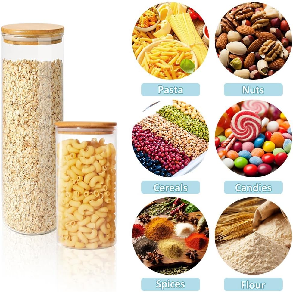 CARLA HOME 6 Pack Glass Storage Jars with Bamboo Lids for Kitchen Pantry, Pasta, Snacks, Cookies, Candy & More V178-36178
