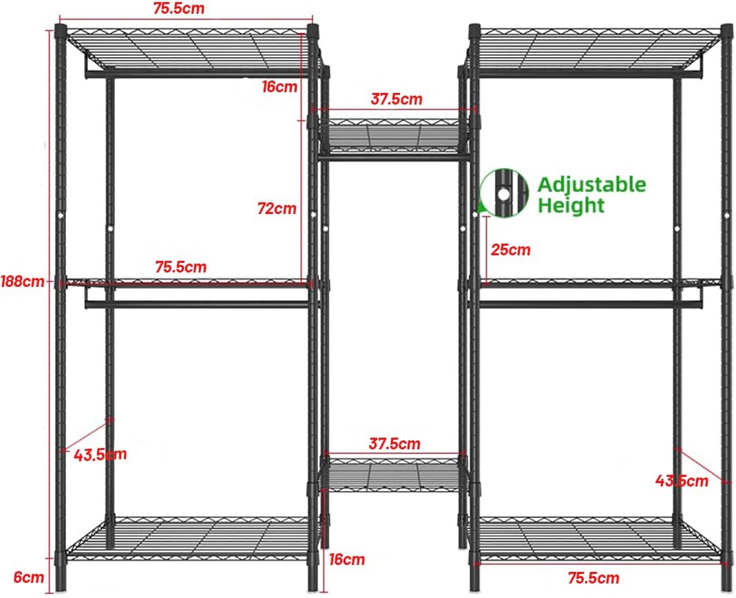 CARLA HOME Heavy Duty Clothing Garment Rack Organizer with Hanging Rods & Storage Shelves for Clothes, Shoes V178-36179
