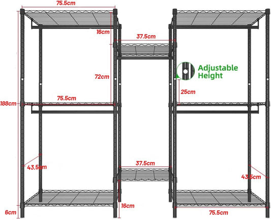 CARLA HOME Heavy Duty Clothing Garment Rack Organizer with Hanging Rods & Storage Shelves for Clothes, Shoes V178-36179