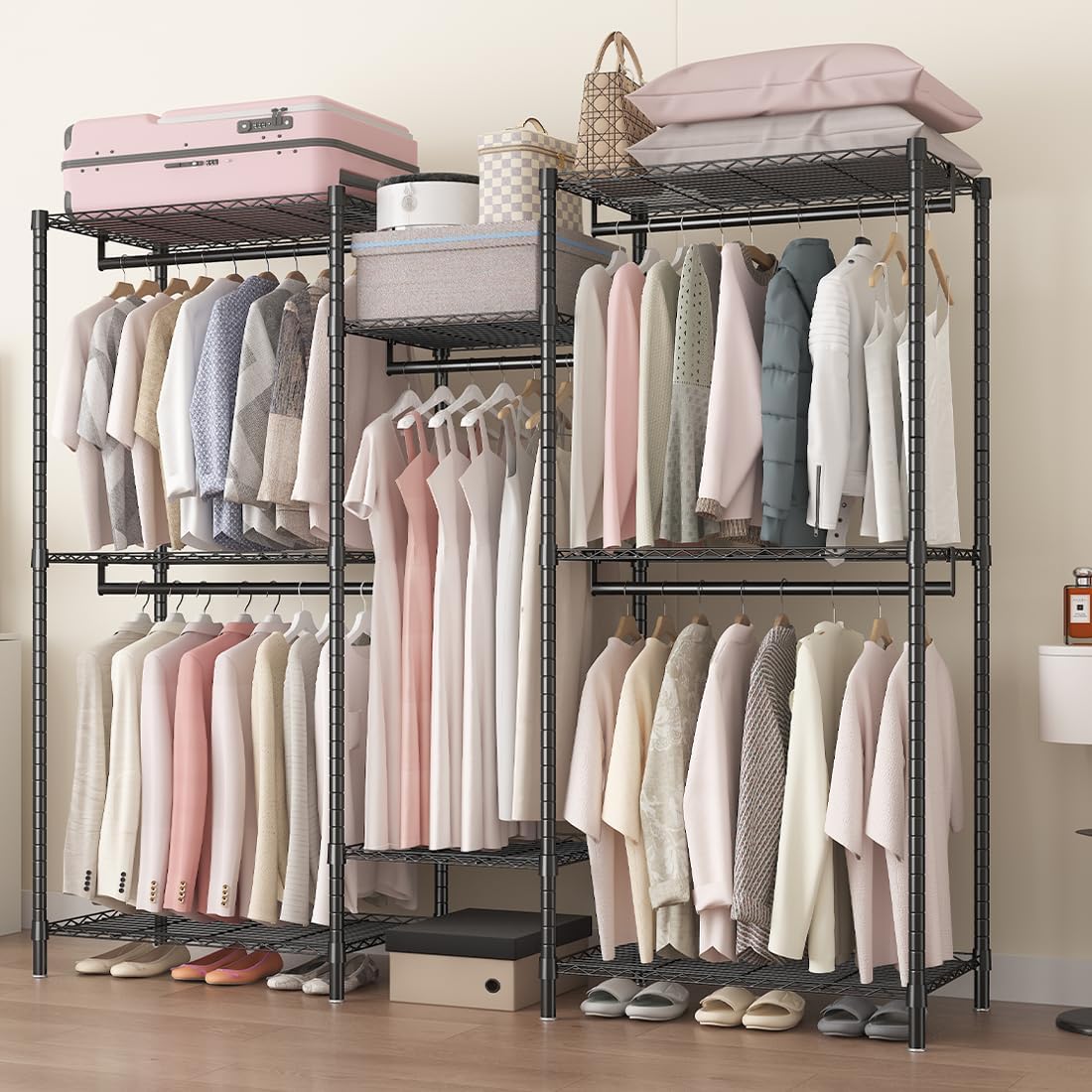 CARLA HOME Heavy Duty Clothing Garment Rack Organizer with Hanging Rods & Storage Shelves for Clothes, Shoes V178-36179