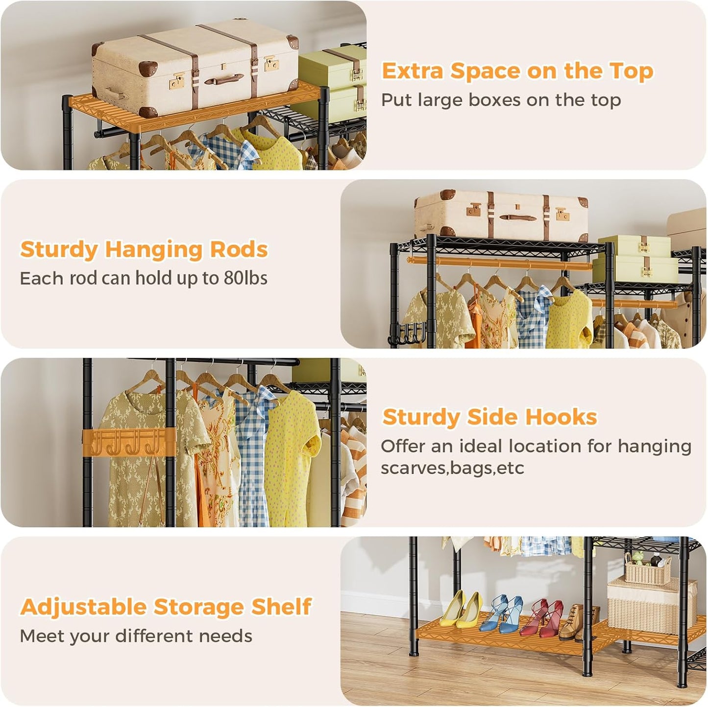 CARLA HOME Heavy Duty Clothing Garment Rack Organizer with Hanging Rods & Storage Shelves for Clothes, Shoes V178-36179