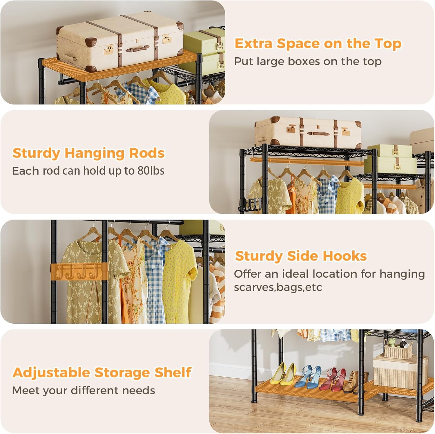 CARLA HOME Heavy Duty Clothing Garment Rack Organizer with Hanging Rods & Storage Shelves for Clothes, Shoes V178-36179