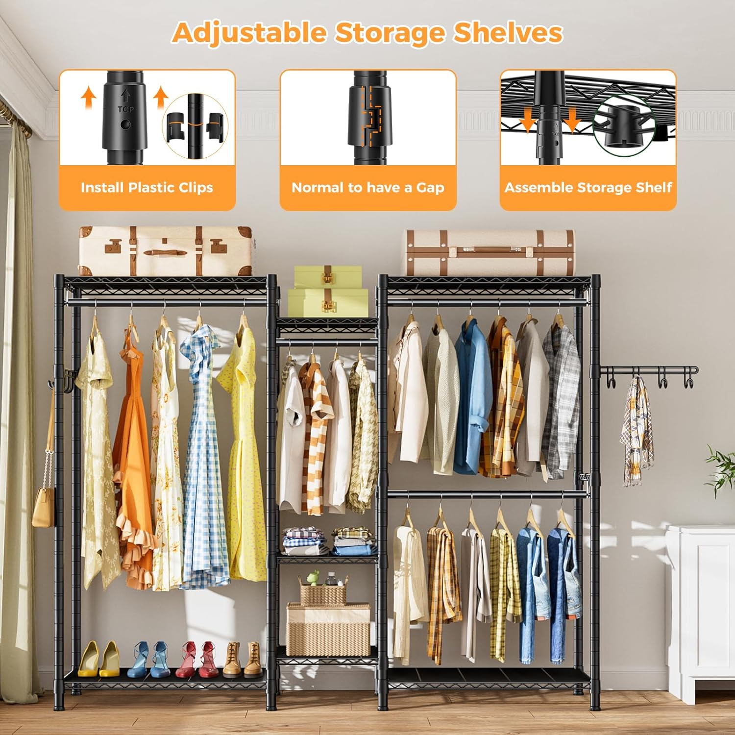 CARLA HOME Heavy Duty Clothing Garment Rack Organizer with Hanging Rods & Storage Shelves for Clothes, Shoes V178-36179