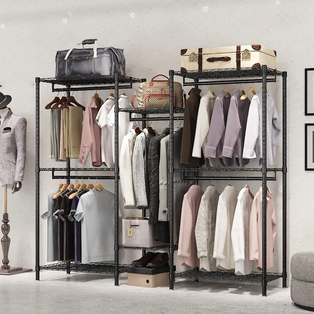 CARLA HOME Heavy Duty Clothing Garment Rack Organizer with Hanging Rods & Storage Shelves for Clothes, Shoes V178-36179