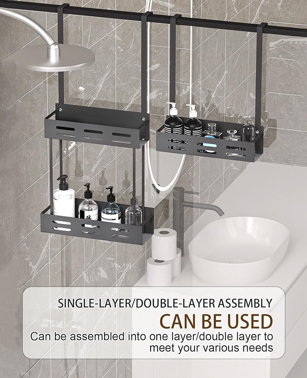 CARLA HOME Over the Door 2-tier Shower Caddy Organizer Shelf with Hooks for Bathroom V178-36180