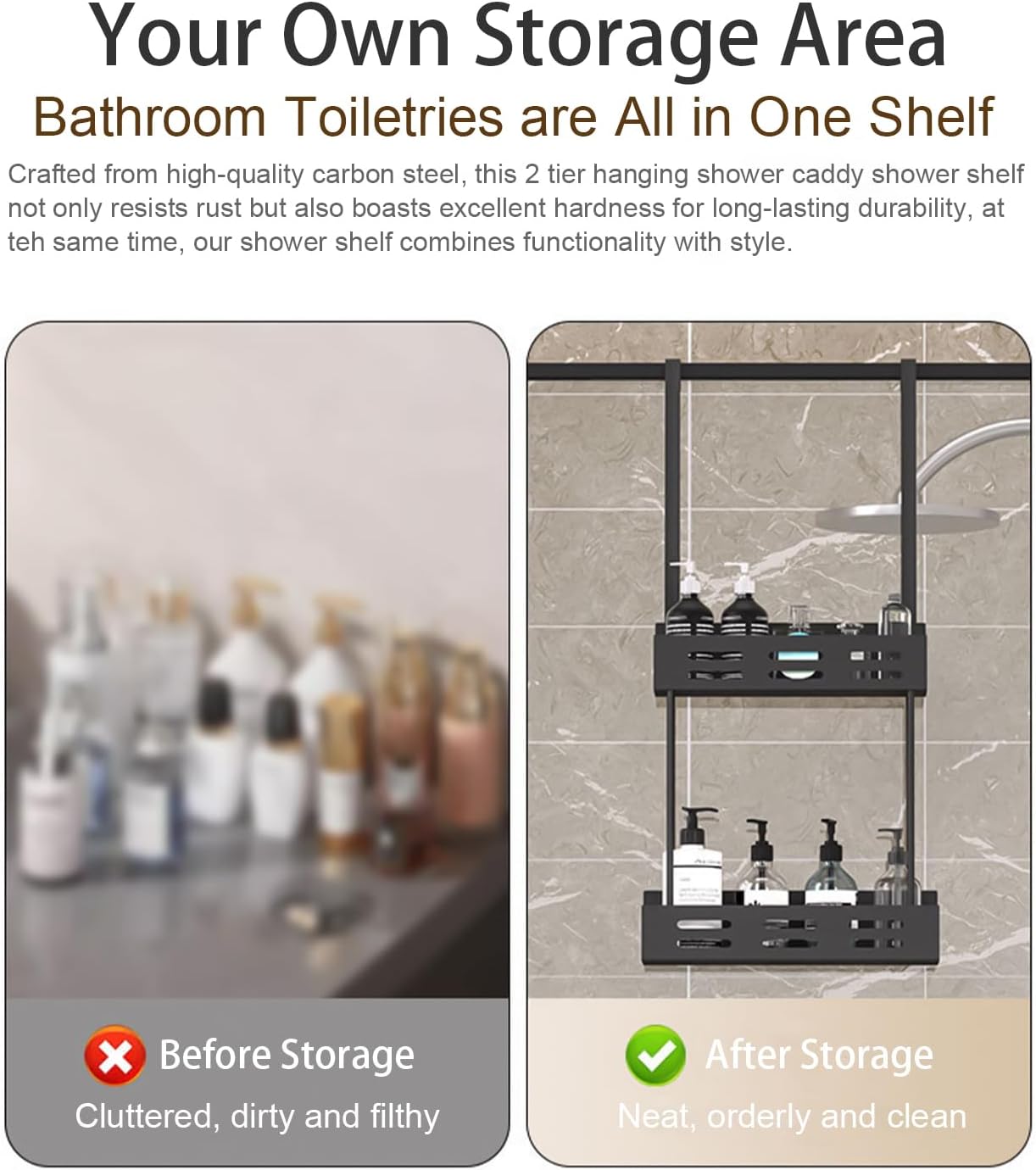 CARLA HOME Over the Door 2-tier Shower Caddy Organizer Shelf with Hooks for Bathroom V178-36180