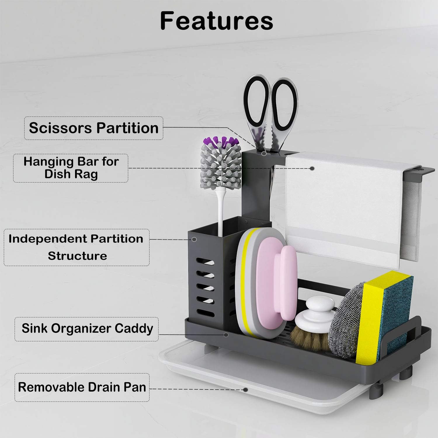 CARLA HOME Kitchen Sink Caddy Organizer with Sponge, Soap & Brush Storage and Rag Rack, Drain Tray & Utensil V178-36185