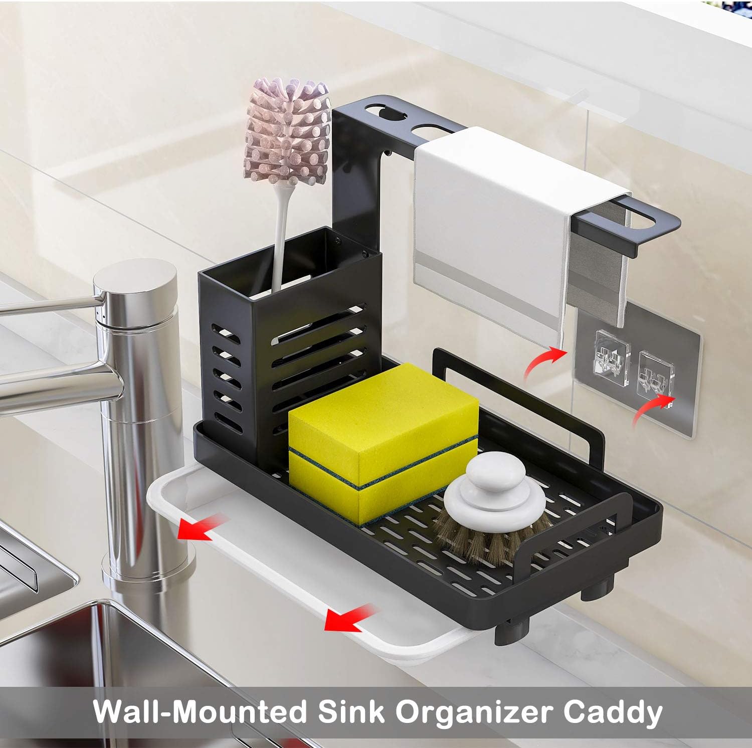 CARLA HOME Kitchen Sink Caddy Organizer with Sponge, Soap & Brush Storage and Rag Rack, Drain Tray & Utensil V178-36185