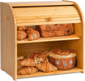 CARLA HOME Large Bamboo Bread Box Storage Organizer with Roll Top for Kitchen Counter V178-36186