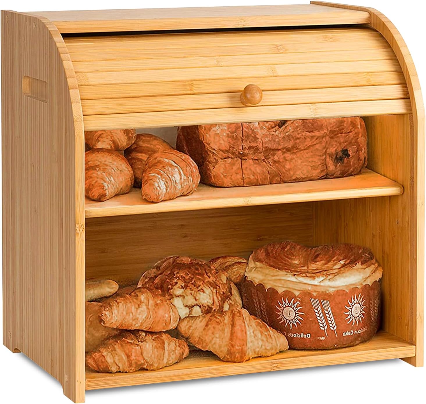 CARLA HOME Large Bamboo Bread Box Storage Organizer with Roll Top for Kitchen Counter V178-36186