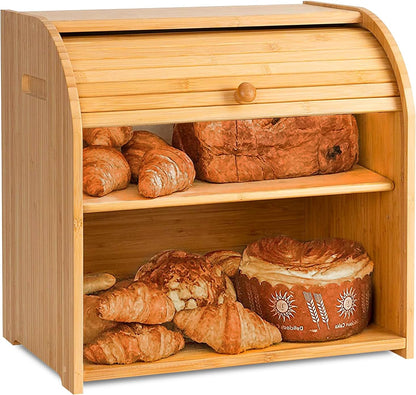 CARLA HOME Large Bamboo Bread Box Storage Organizer with Roll Top for Kitchen Counter V178-36186