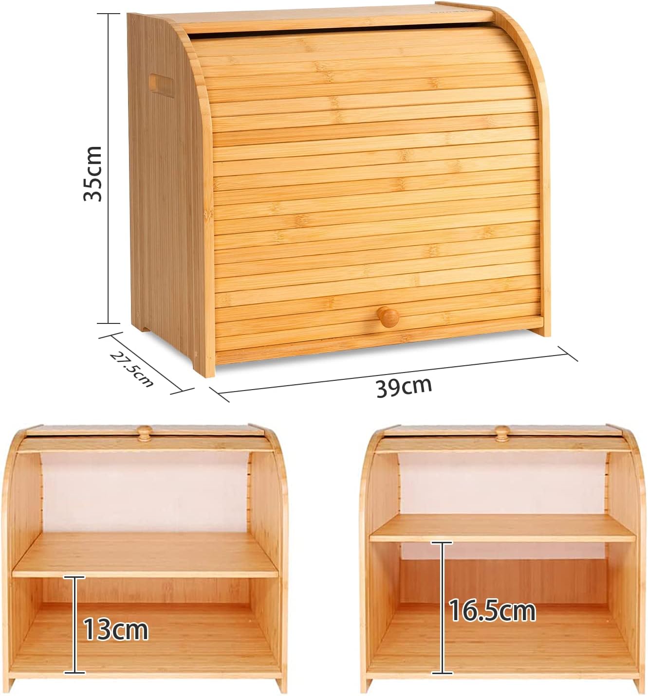 CARLA HOME Large Bamboo Bread Box Storage Organizer with Roll Top for Kitchen Counter V178-36186