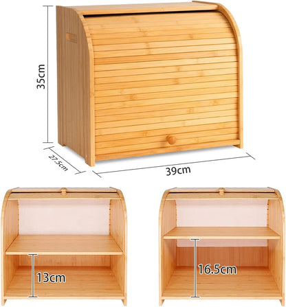 CARLA HOME Large Bamboo Bread Box Storage Organizer with Roll Top for Kitchen Counter V178-36186