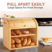 CARLA HOME Large Bamboo Bread Box Storage Organizer with Roll Top for Kitchen Counter V178-36186