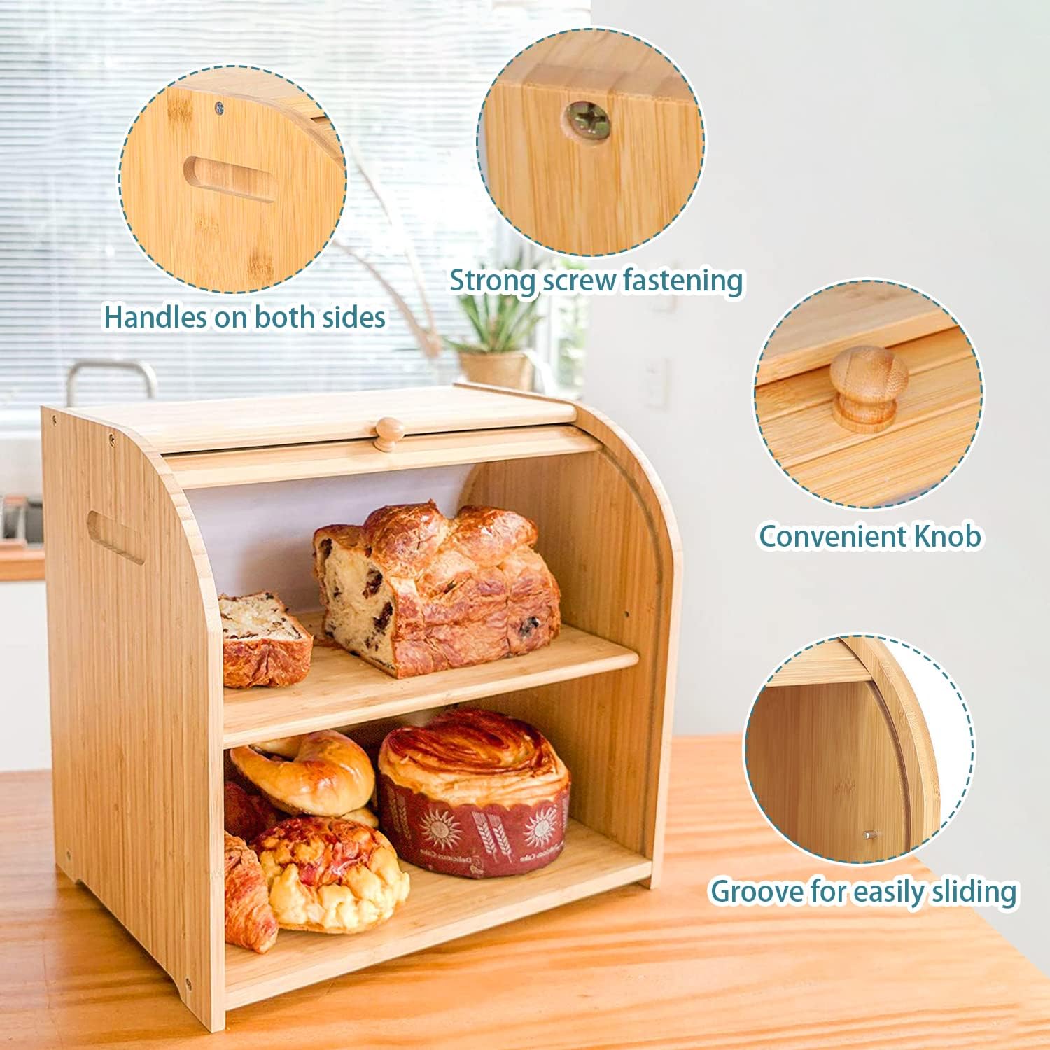 CARLA HOME Large Bamboo Bread Box Storage Organizer with Roll Top for Kitchen Counter V178-36186