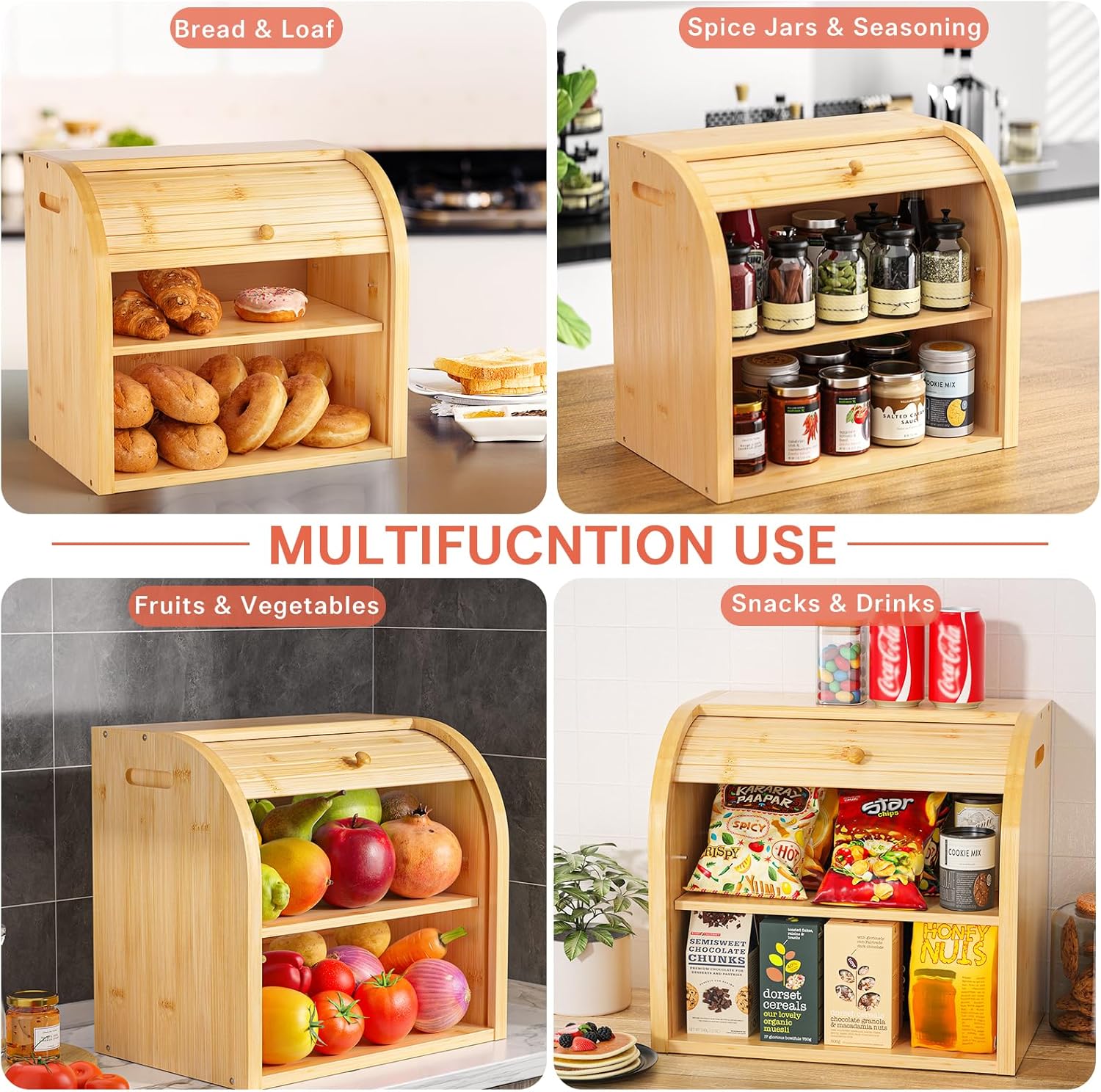 CARLA HOME Large Bamboo Bread Box Storage Organizer with Roll Top for Kitchen Counter V178-36186