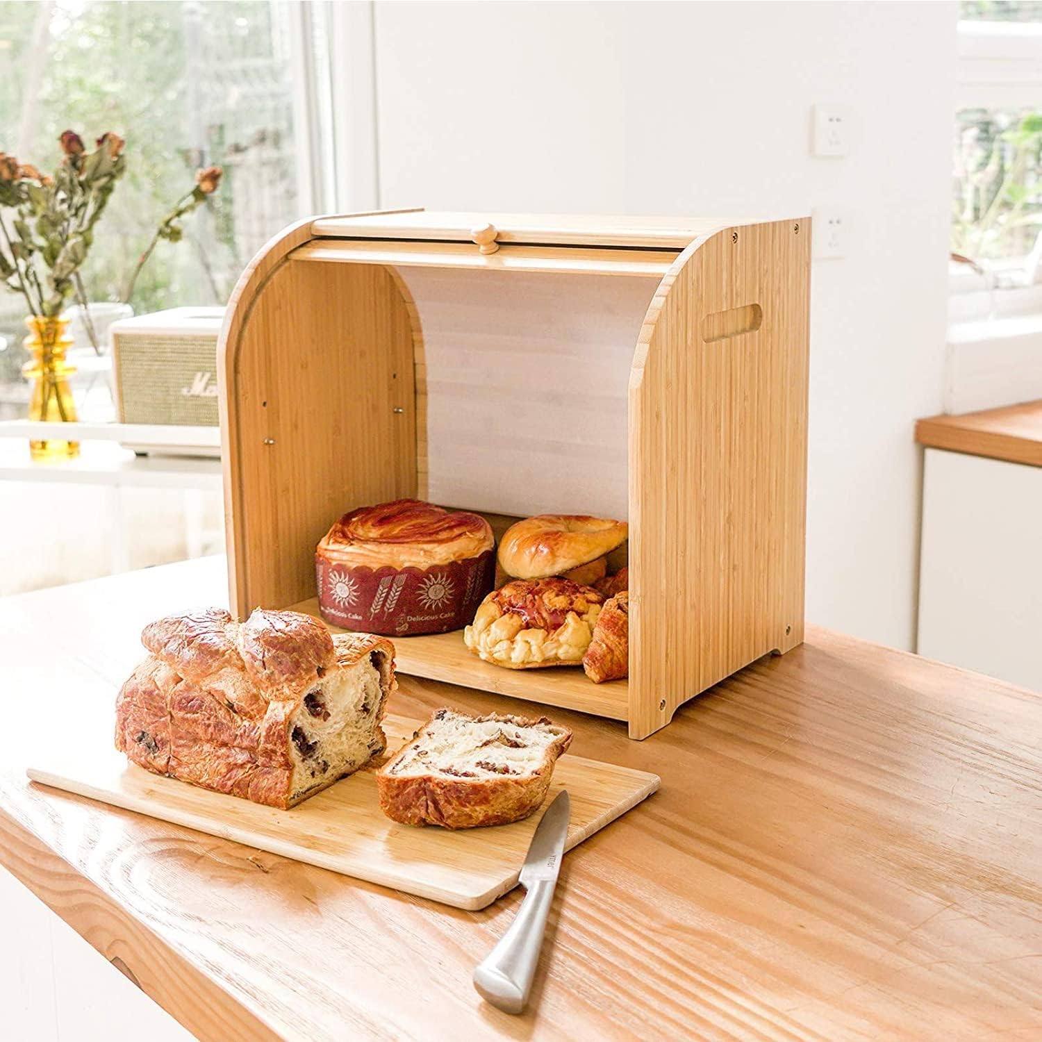 CARLA HOME Large Bamboo Bread Box Storage Organizer with Roll Top for Kitchen Counter V178-36186