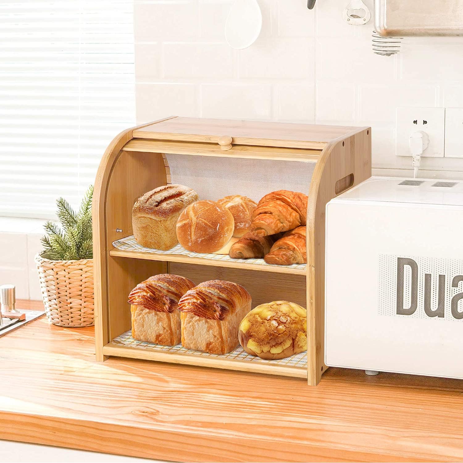 CARLA HOME Large Bamboo Bread Box Storage Organizer with Roll Top for Kitchen Counter V178-36186