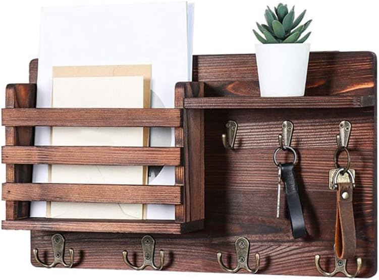 CARLA HOME Rustic Wood Wall Mounted Key and Mail Holder Organizer with Shelf, Letter Slot & 6 Hooks for V178-36190