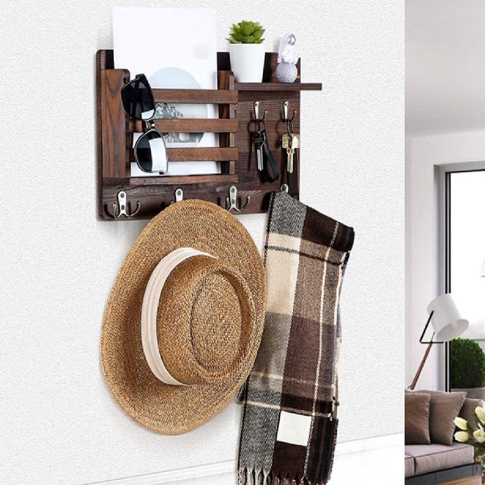 CARLA HOME Rustic Wood Wall Mounted Key and Mail Holder Organizer with Shelf, Letter Slot & 6 Hooks for V178-36190