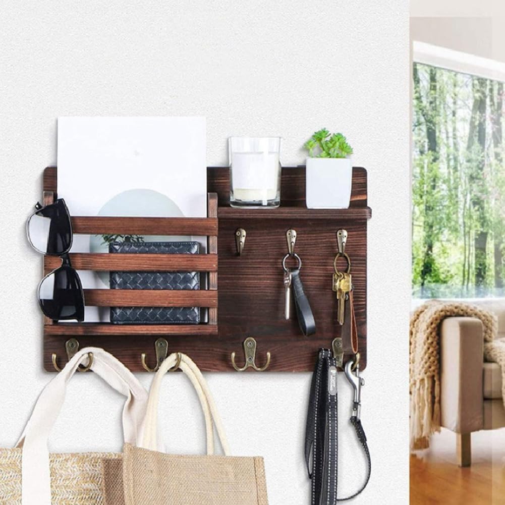 CARLA HOME Rustic Wood Wall Mounted Key and Mail Holder Organizer with Shelf, Letter Slot & 6 Hooks for V178-36190