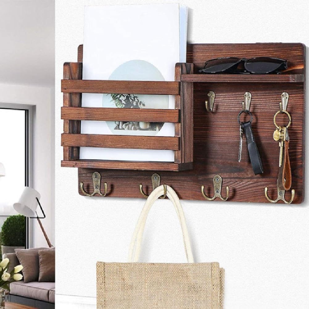 CARLA HOME Rustic Wood Wall Mounted Key and Mail Holder Organizer with Shelf, Letter Slot & 6 Hooks for V178-36190