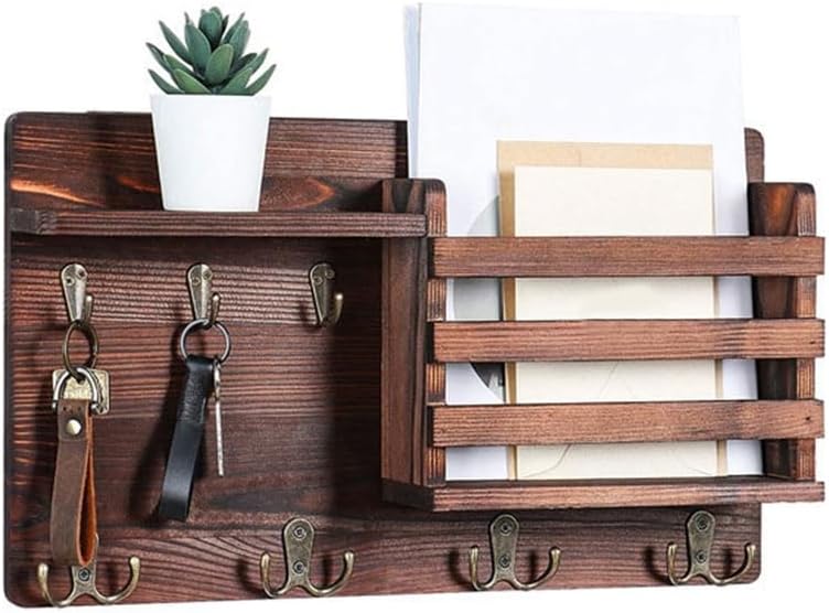 CARLA HOME Rustic Wood Wall Mounted Key and Mail Holder Organizer with Shelf, Letter Slot & 6 Hooks for V178-36190