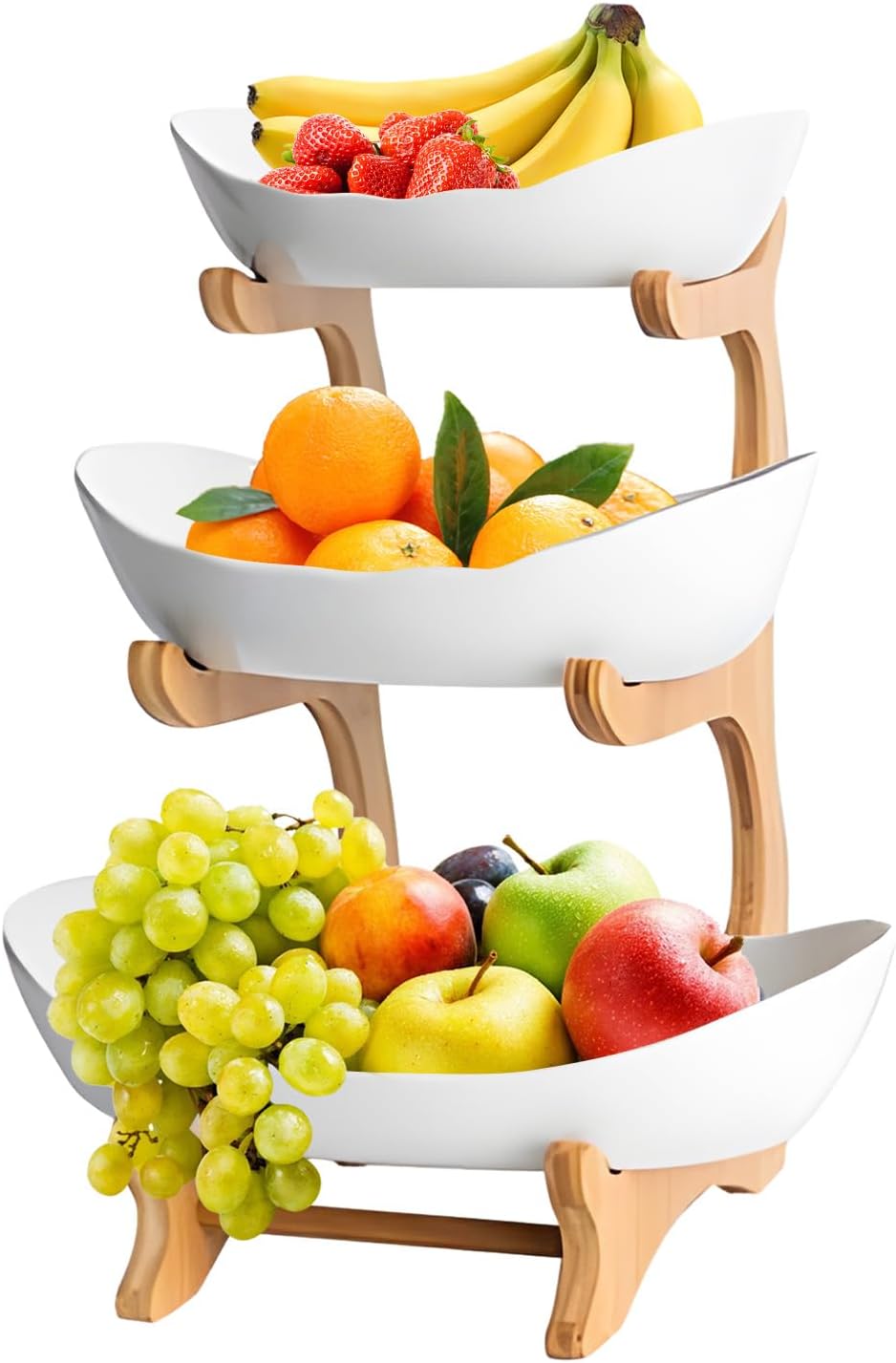 CARLA HOME 3-Tier Plastic Fruit Bowl Basket with Bamboo Stand for Kitchen Counter, Snack Tray, Dessert Server V178-36196