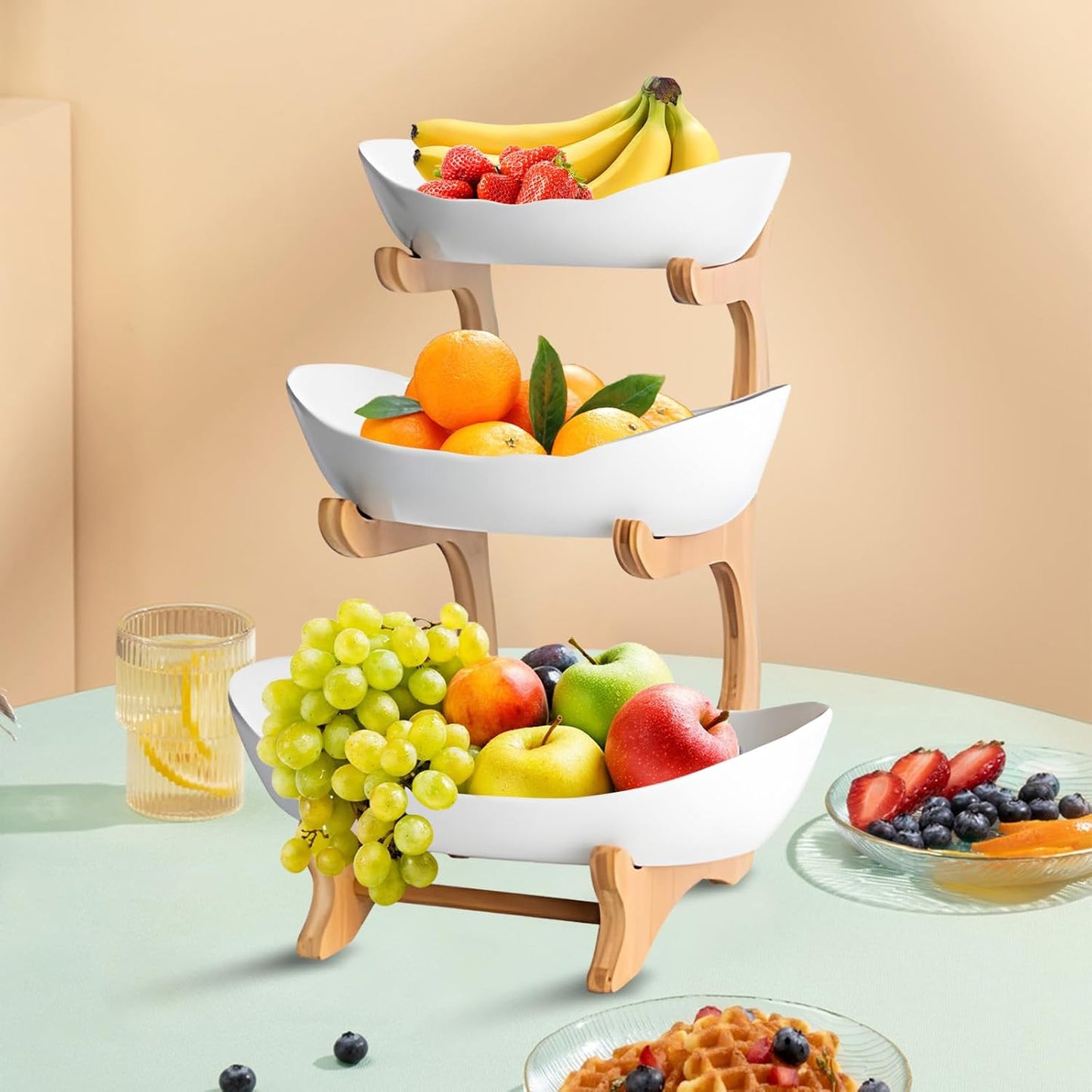 CARLA HOME 3-Tier Plastic Fruit Bowl Basket with Bamboo Stand for Kitchen Counter, Snack Tray, Dessert Server V178-36196