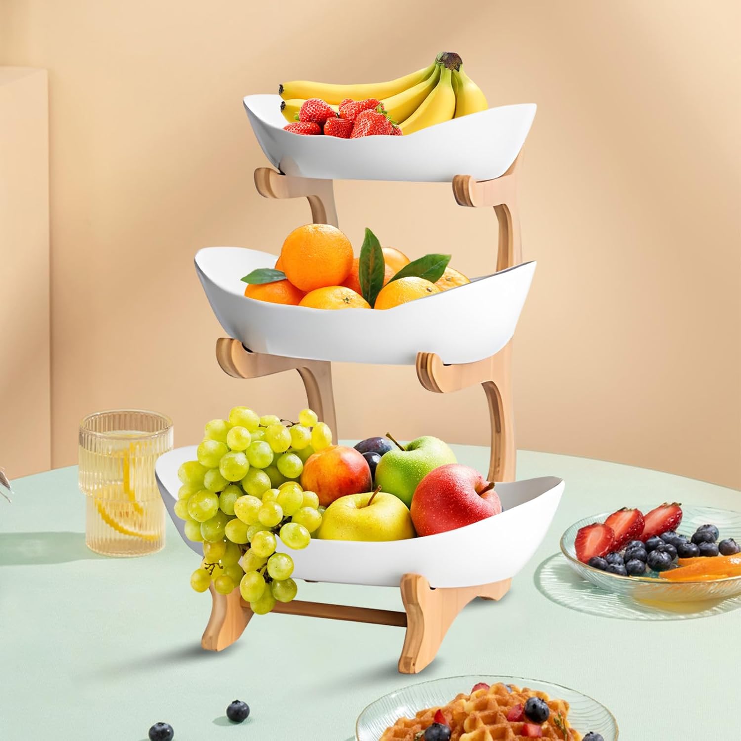 CARLA HOME 3-Tier Plastic Fruit Bowl Basket with Bamboo Stand for Kitchen Counter, Snack Tray, Dessert Server V178-36196