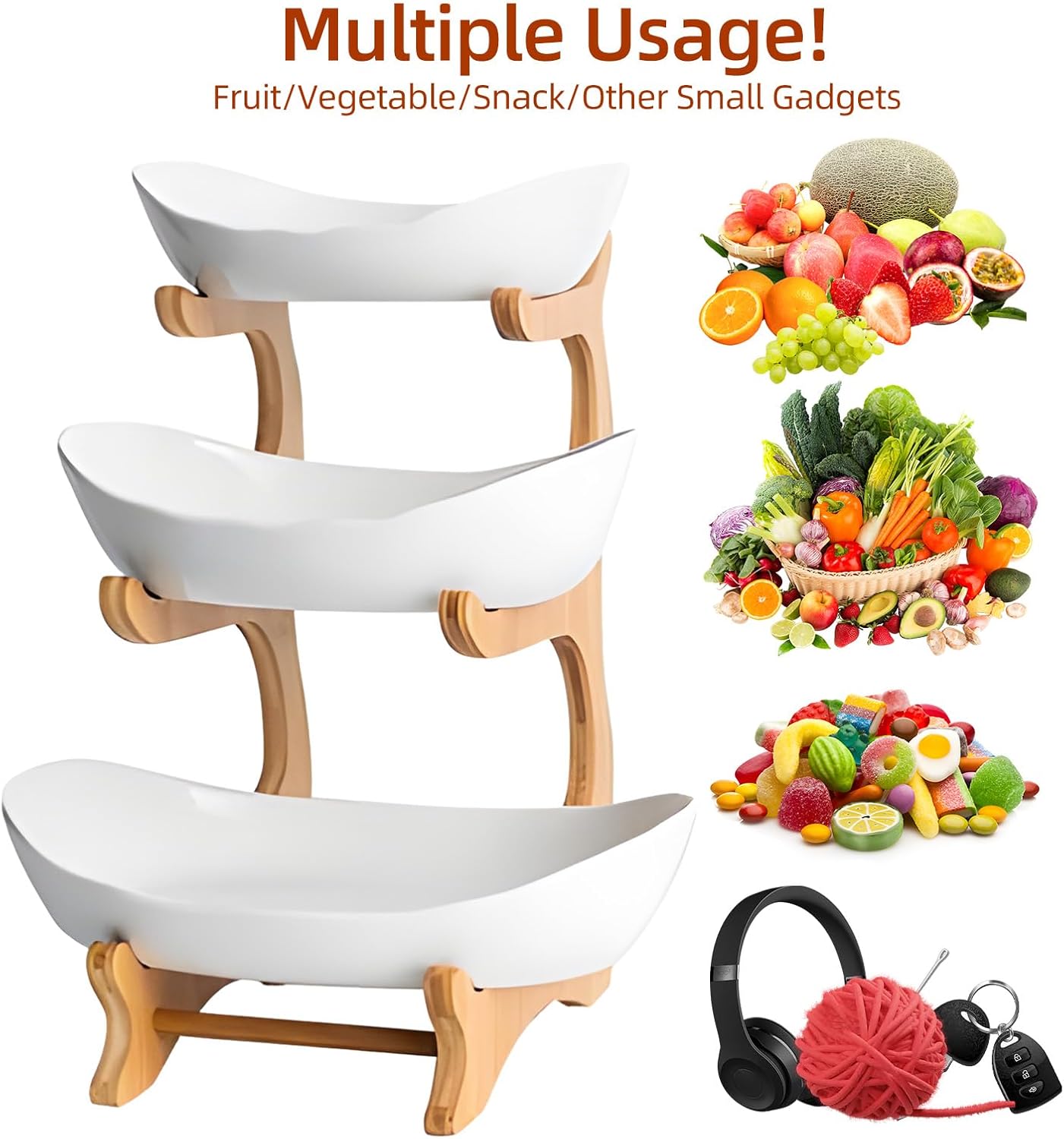 CARLA HOME 3-Tier Plastic Fruit Bowl Basket with Bamboo Stand for Kitchen Counter, Snack Tray, Dessert Server V178-36196