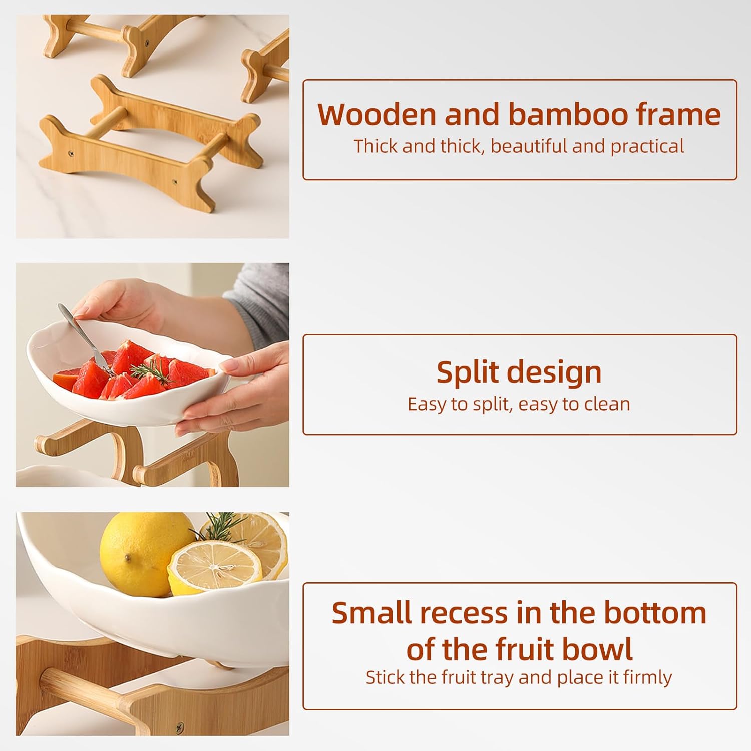 CARLA HOME 3-Tier Plastic Fruit Bowl Basket with Bamboo Stand for Kitchen Counter, Snack Tray, Dessert Server V178-36196