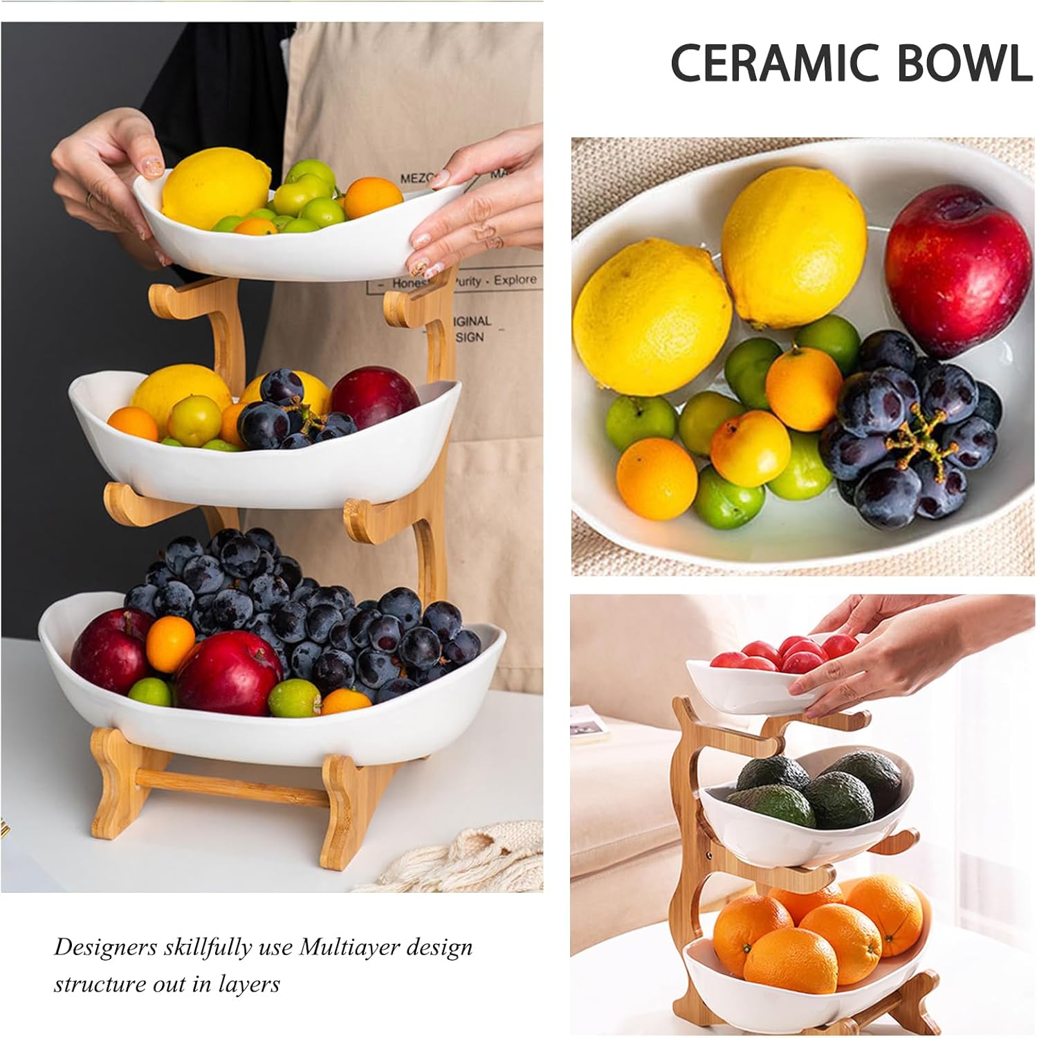 CARLA HOME 3-Tier Plastic Fruit Bowl Basket with Bamboo Stand for Kitchen Counter, Snack Tray, Dessert Server V178-36196