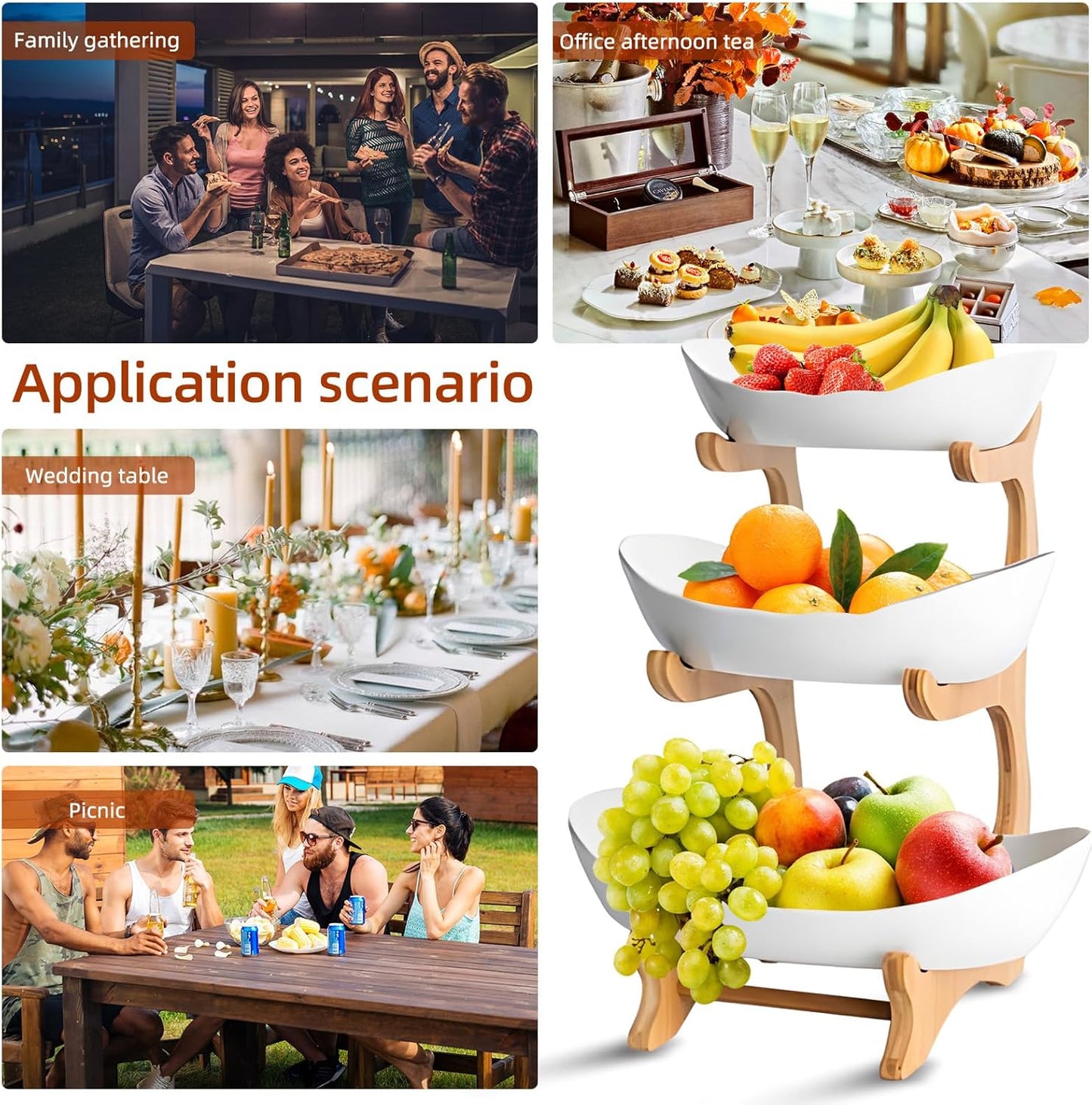 CARLA HOME 3-Tier Plastic Fruit Bowl Basket with Bamboo Stand for Kitchen Counter, Snack Tray, Dessert Server V178-36196