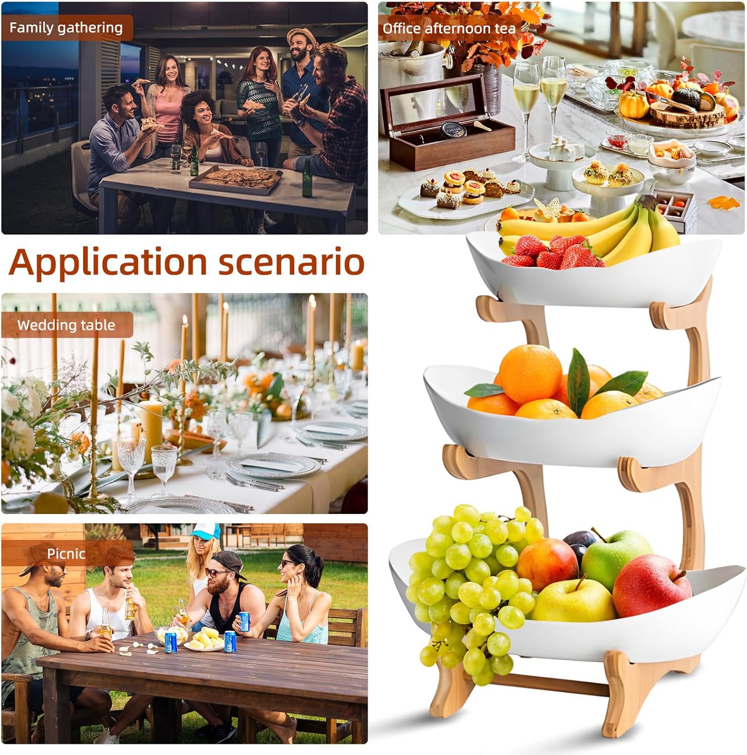CARLA HOME 3-Tier Plastic Fruit Bowl Basket with Bamboo Stand for Kitchen Counter, Snack Tray, Dessert Server V178-36196