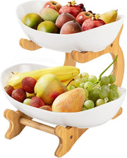 CARLA HOME 2-Tier Plastic Fruit Bowl Basket with Bamboo Stand for Kitchen Counter, Snack Tray, Dessert Server V178-36197