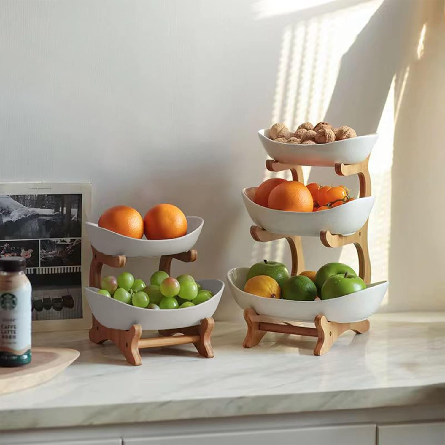 CARLA HOME 2-Tier Plastic Fruit Bowl Basket with Bamboo Stand for Kitchen Counter, Snack Tray, Dessert Server V178-36197