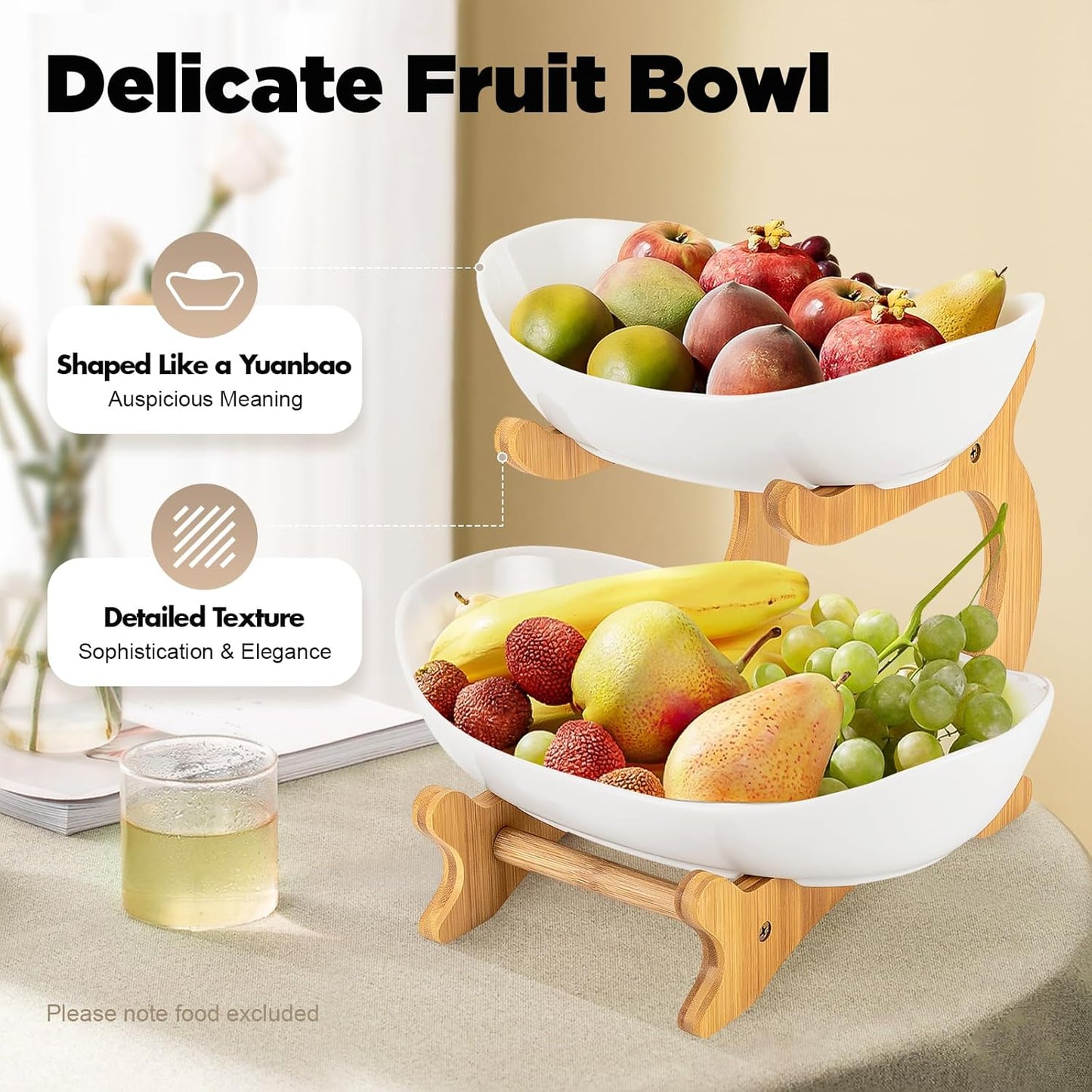 CARLA HOME 2-Tier Plastic Fruit Bowl Basket with Bamboo Stand for Kitchen Counter, Snack Tray, Dessert Server V178-36197