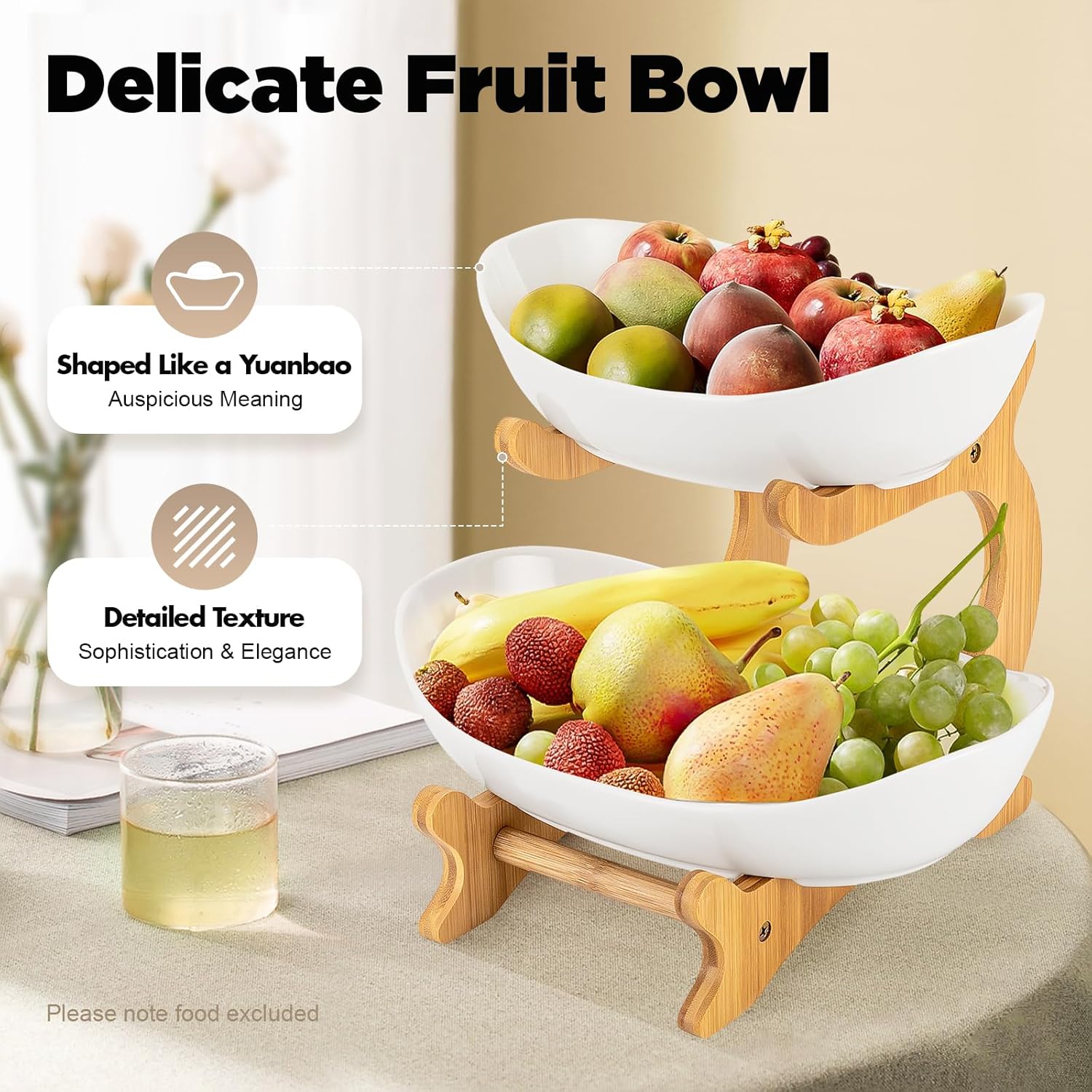 CARLA HOME 2-Tier Plastic Fruit Bowl Basket with Bamboo Stand for Kitchen Counter, Snack Tray, Dessert Server V178-36197
