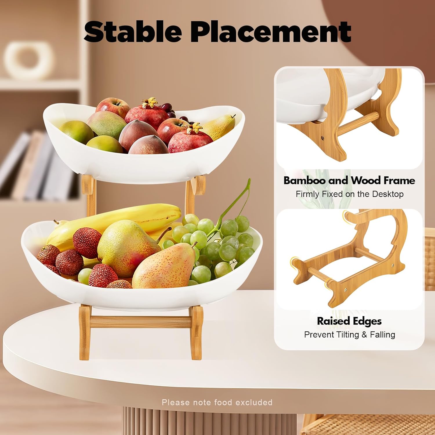 CARLA HOME 2-Tier Plastic Fruit Bowl Basket with Bamboo Stand for Kitchen Counter, Snack Tray, Dessert Server V178-36197
