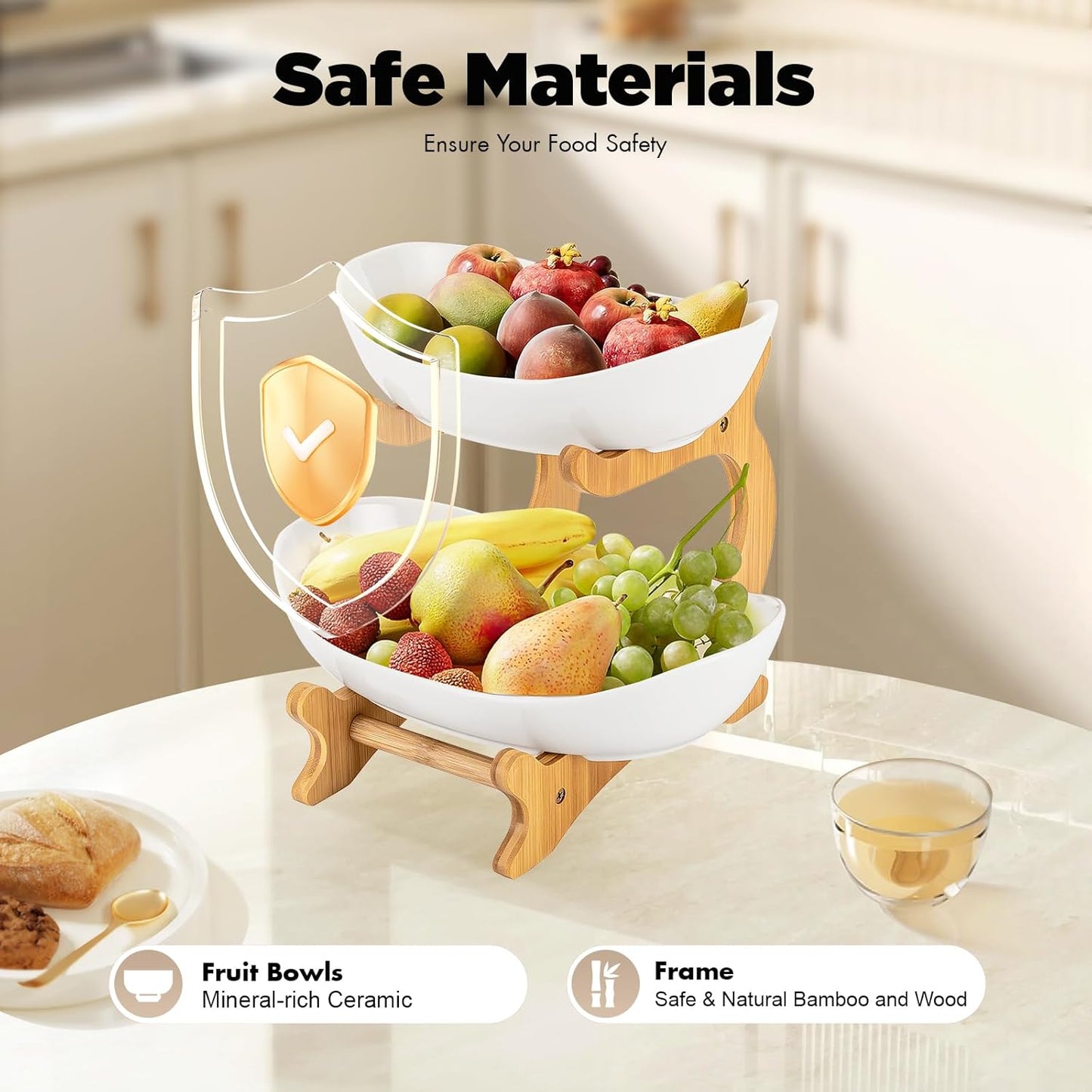 CARLA HOME 2-Tier Plastic Fruit Bowl Basket with Bamboo Stand for Kitchen Counter, Snack Tray, Dessert Server V178-36197