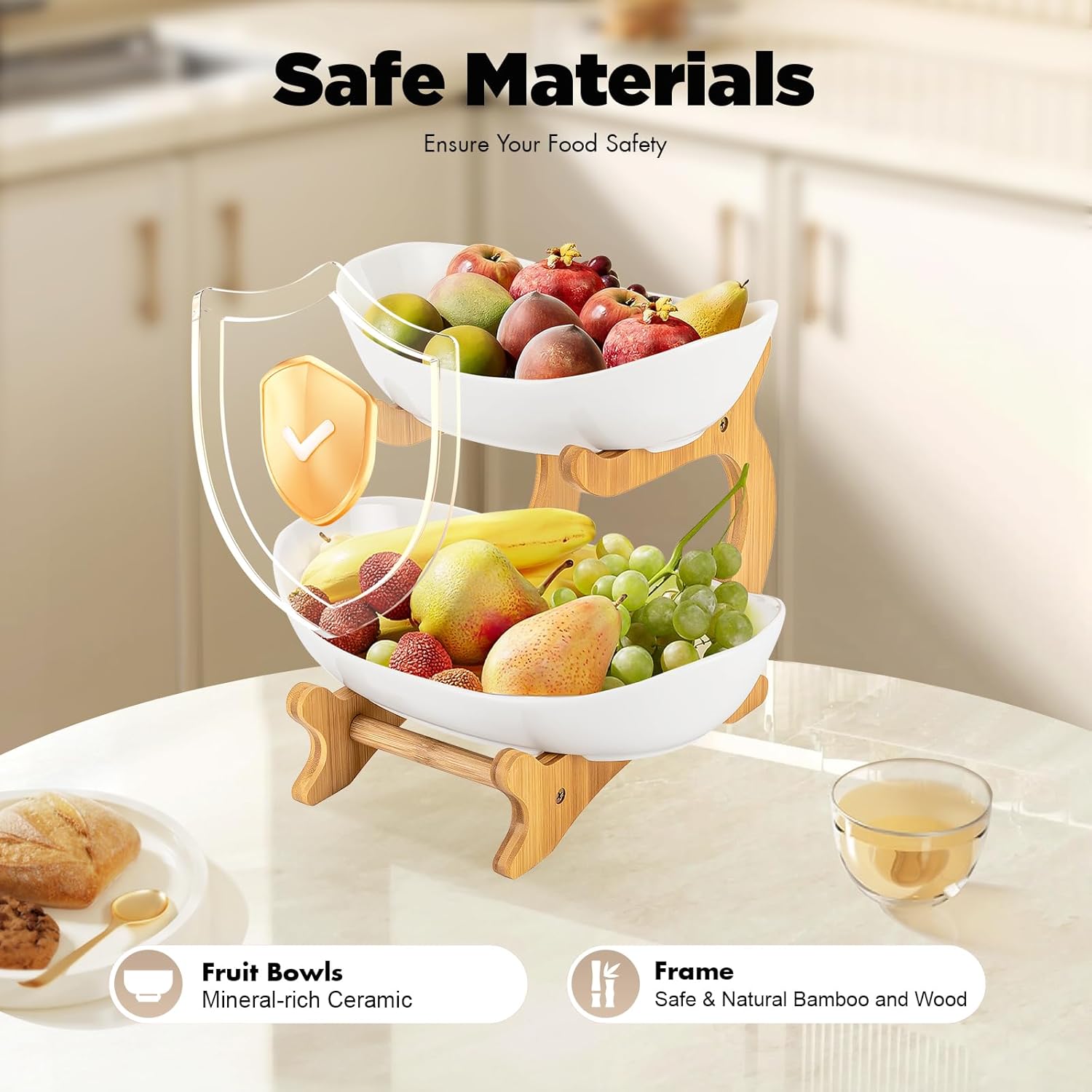 CARLA HOME 2-Tier Plastic Fruit Bowl Basket with Bamboo Stand for Kitchen Counter, Snack Tray, Dessert Server V178-36197