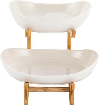 CARLA HOME 2-Tier Plastic Fruit Bowl Basket with Bamboo Stand for Kitchen Counter, Snack Tray, Dessert Server V178-36197