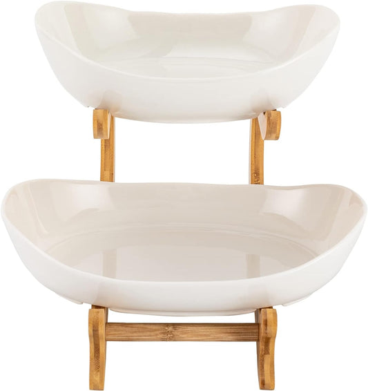 CARLA HOME 2-Tier Plastic Fruit Bowl Basket with Bamboo Stand for Kitchen Counter, Snack Tray, Dessert Server V178-36197