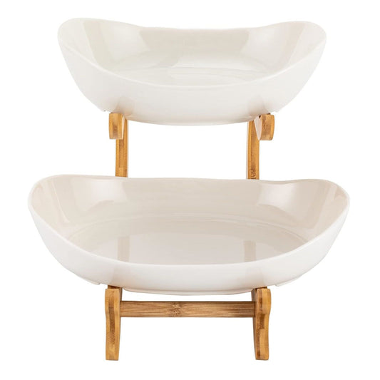 CARLA HOME 2-Tier Plastic Fruit Bowl Basket with Bamboo Stand for Kitchen Counter, Snack Tray, Dessert Server V178-36197