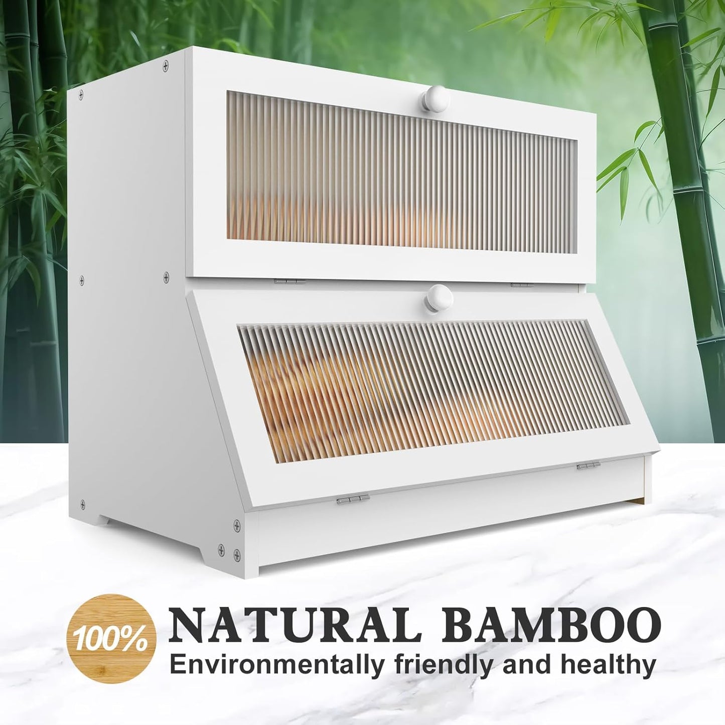 CARLA HOME Double Layer Bamboo Bread Box for Kitchen Counter - Large Capacity Bread Storage Container with V178-36198