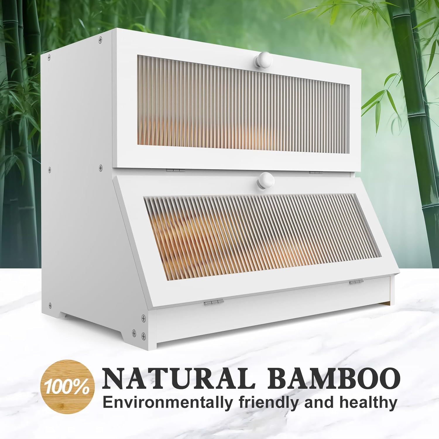 CARLA HOME Double Layer Bamboo Bread Box for Kitchen Counter - Large Capacity Bread Storage Container with V178-36198